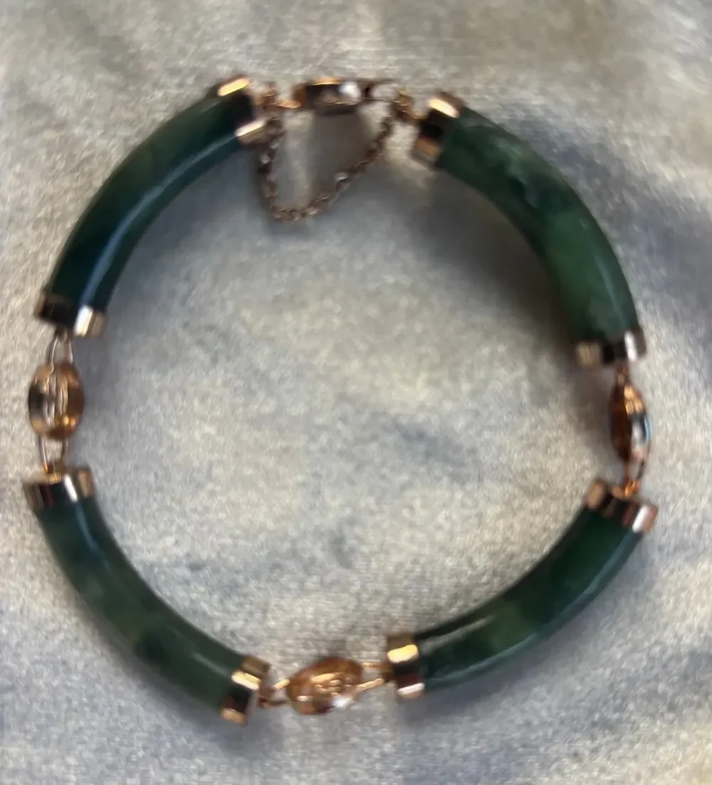 Vintage Jade Bracelet 4 Lucky Wishes Green Nephrite Gold Tone Bangle 7.5